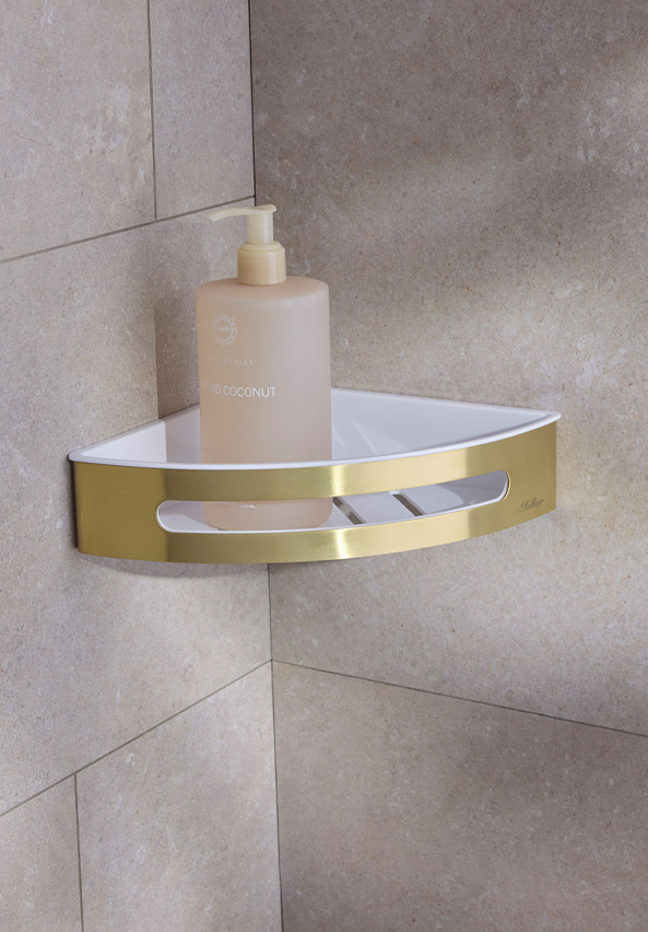 Miller Signature Corner Shower Basket with White Liner – Brushed Brass