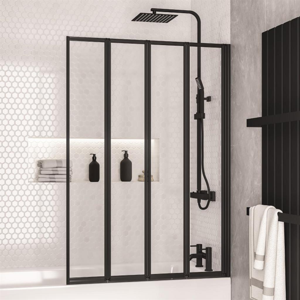 Eastbrook Volente 1400x1000mm Folding Bath Screen with 4 Fold Panels – Matt Black