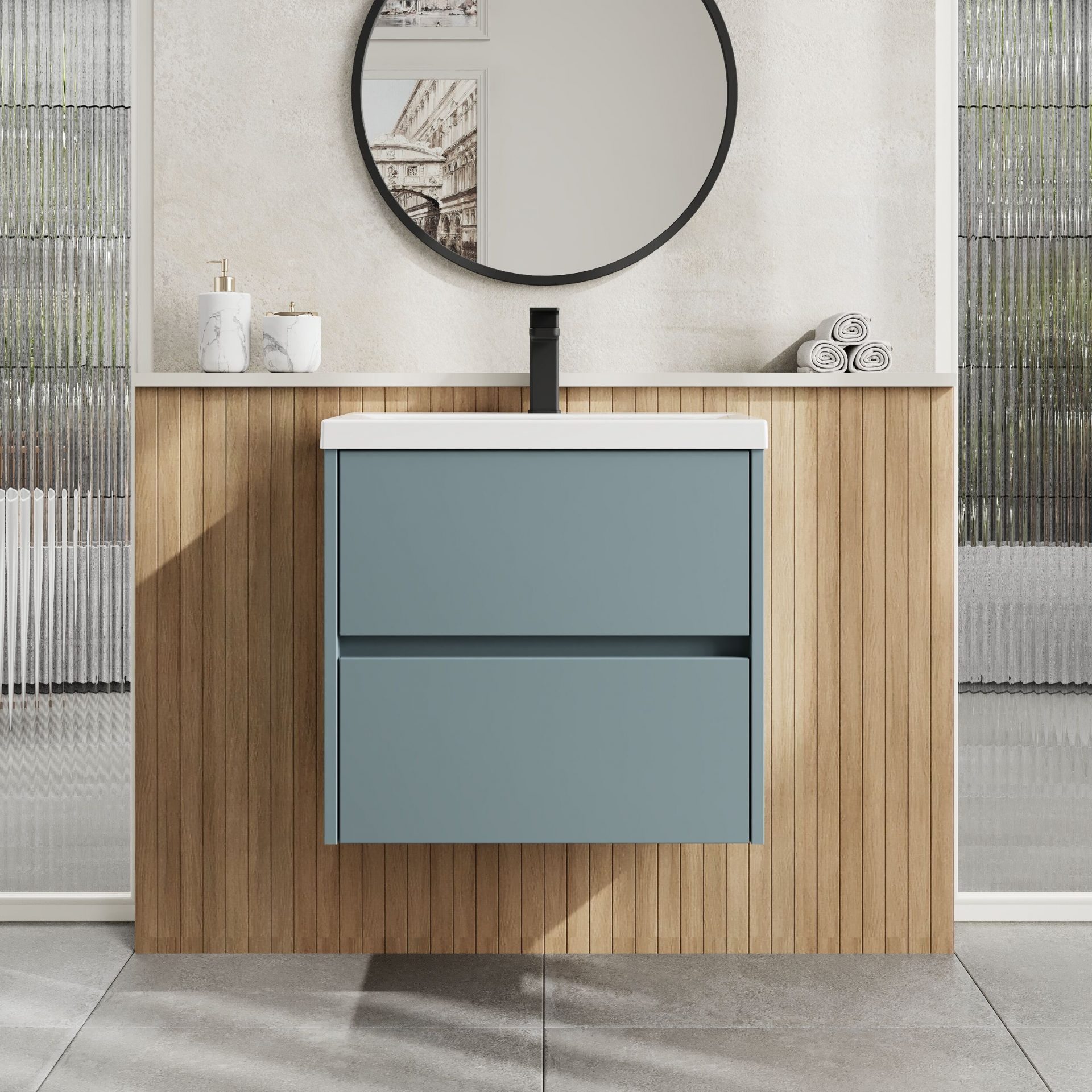 Nuie Havana 600mm 2 Drawer Wall Hung Unit & Mid Edge Basin – Coastal Grey