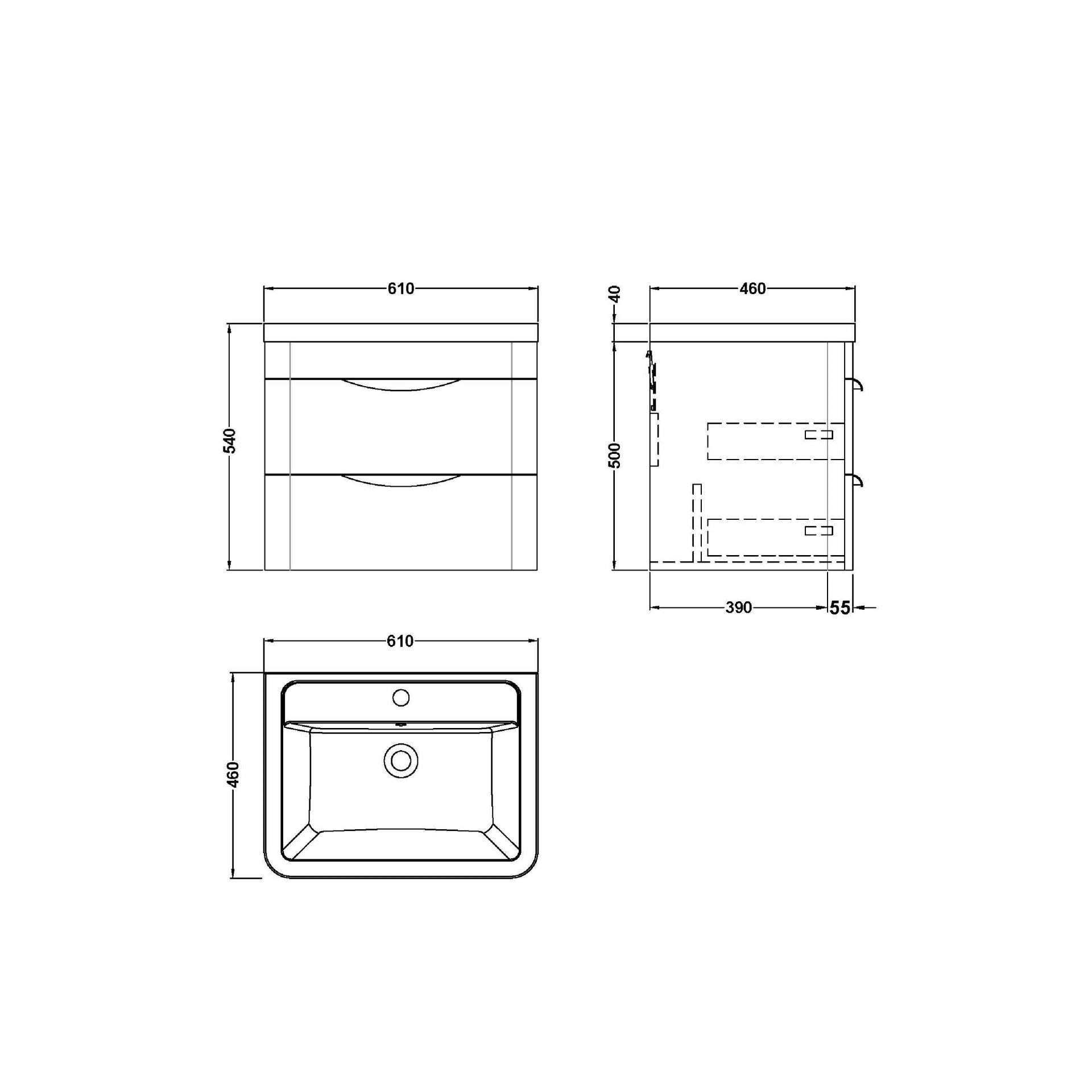Nuie Parade 600mm 2 Drawer Wall Hung Vanity Unit & Ceramic Basin – Gloss White