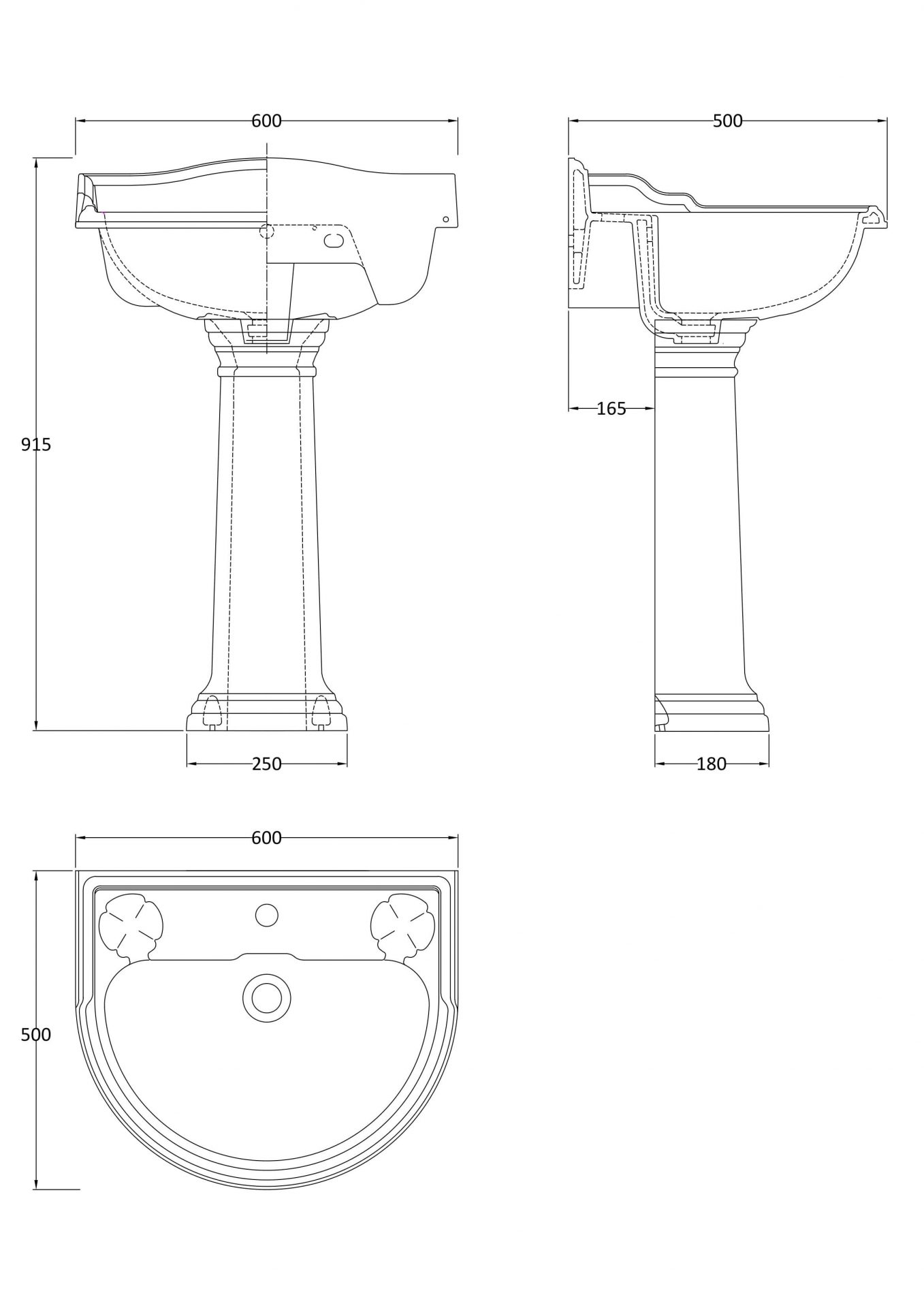 Old London Chancery Standard Height 1TH 600mm Ceramic Basin & Pedestal