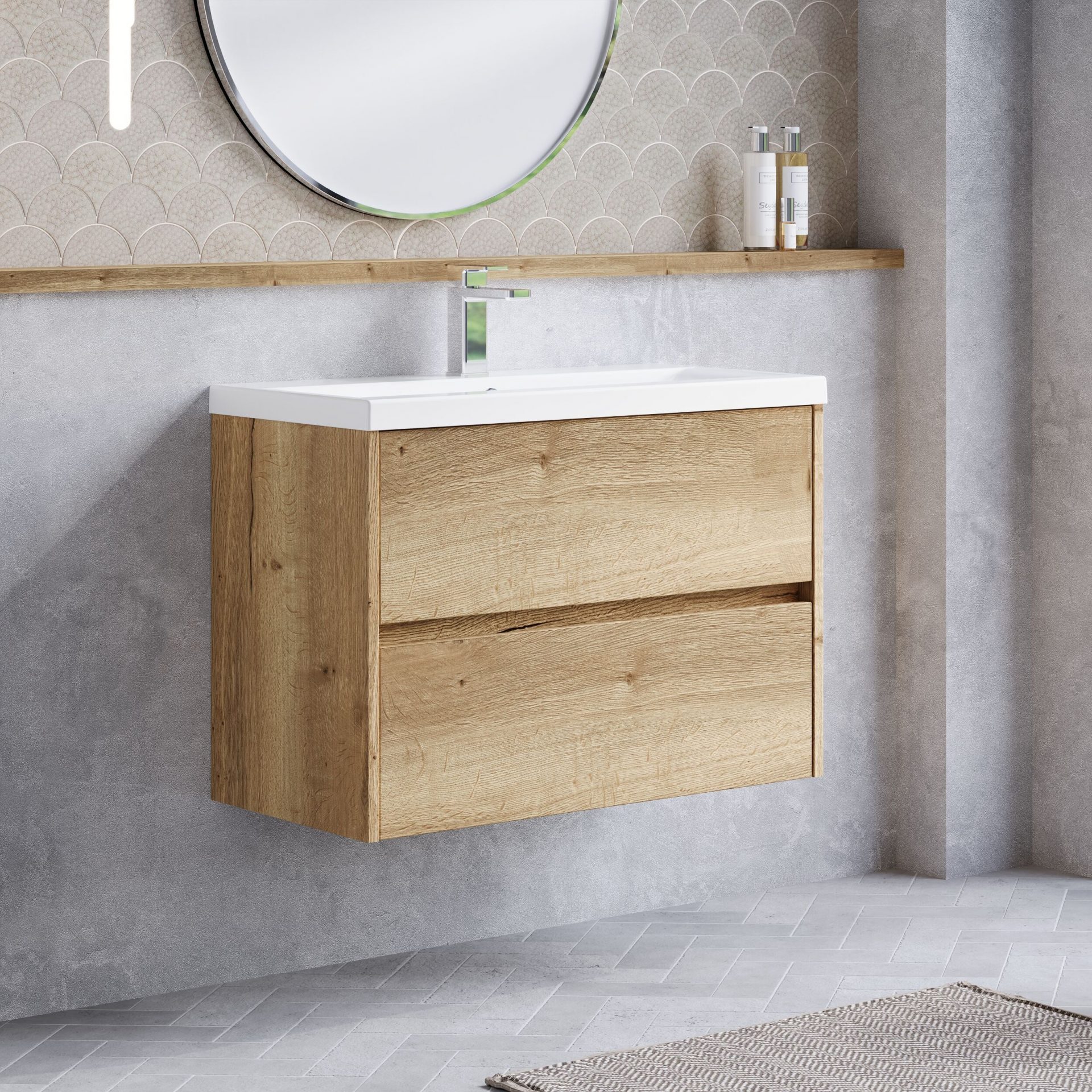 Nuie Havana 800mm 2 Drawer Wall Hung Unit & Mid-Edge Basin – Autumn Oak