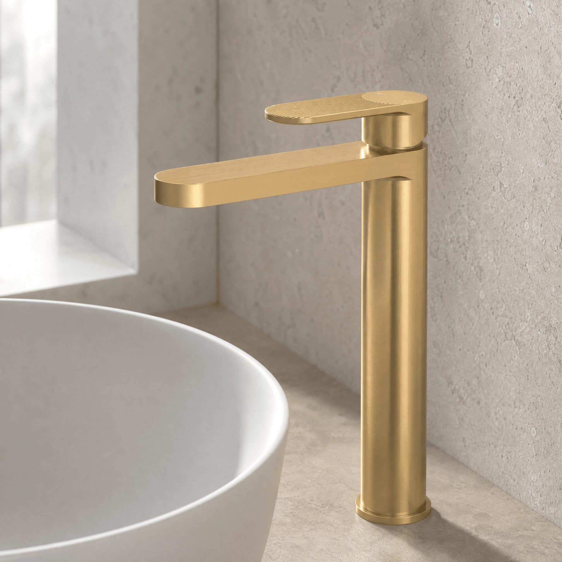 Nuie Cyprus Fluted Tall Mono Basin Mixer – Brushed Brass