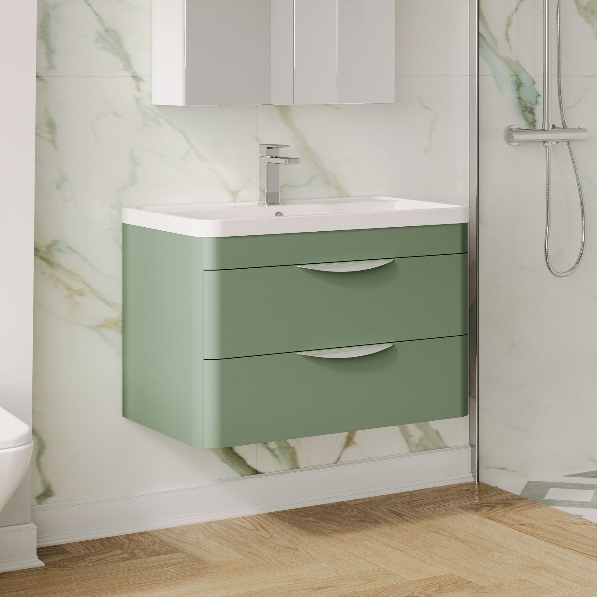 Nuie Parade 800mm 2 Drawer Wall Hung Vanity Unit & Polymarble Basin – Satin Green