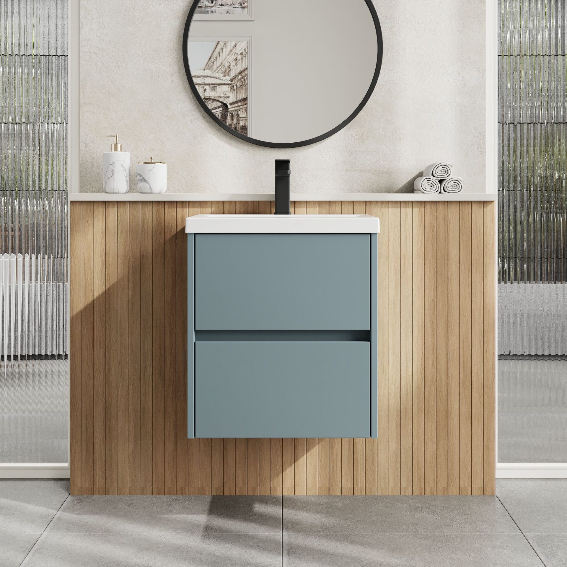 Nuie Havana 500mm 2 Drawer Wall Hung Unit & Mid Edge Basin – Coastal Grey