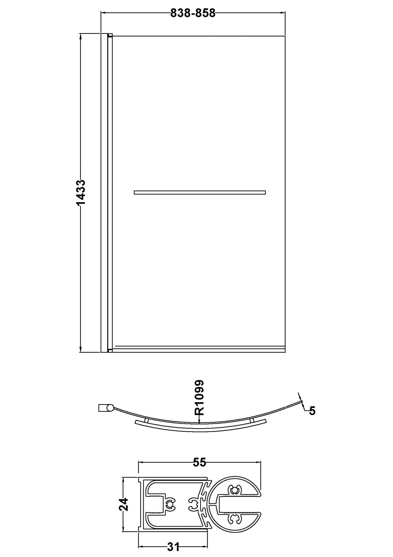 Nuie Pacific 6mm Curved B-Bath Screen with Rail – Chrome