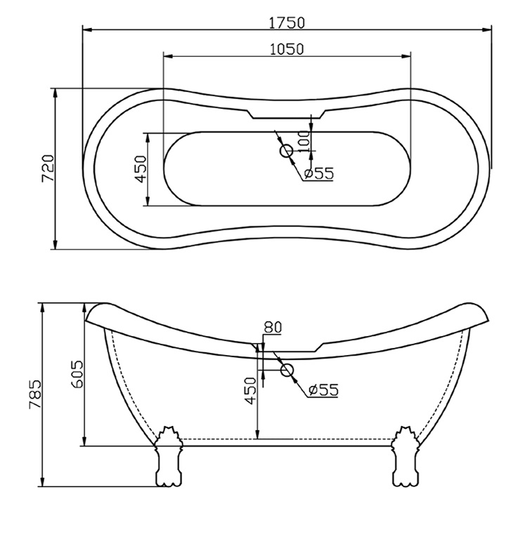 MyLife Traditional Double Slipper Acrylic Bath & Chrome Bath Feet 1750x720mm