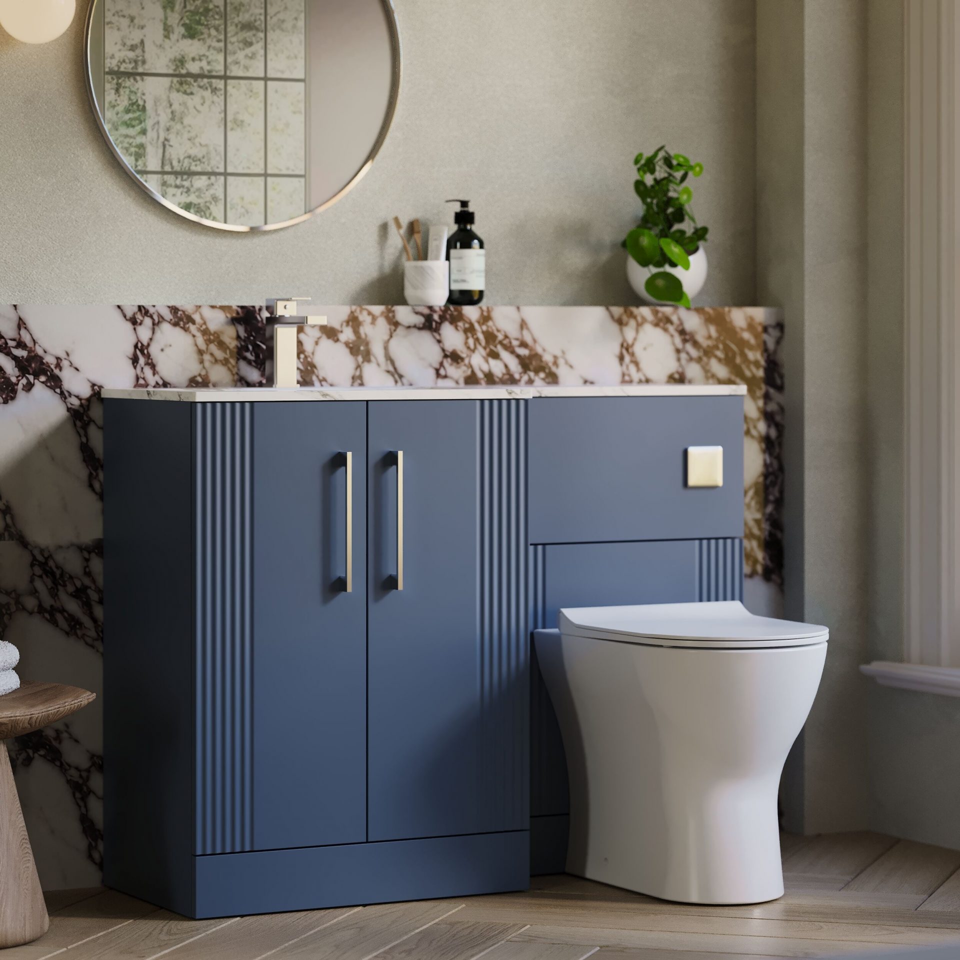 Nuie Deco 1100mm 2 Door Floor Standing Combination Unit with Carrara Marble Basin – Satin Blue