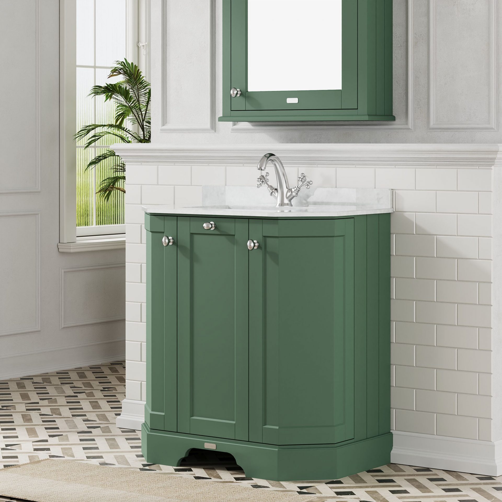 Old London 750mm 3 Door Floor Standing Angled Vanity Unit & White Marble Basin – Hunter Green
