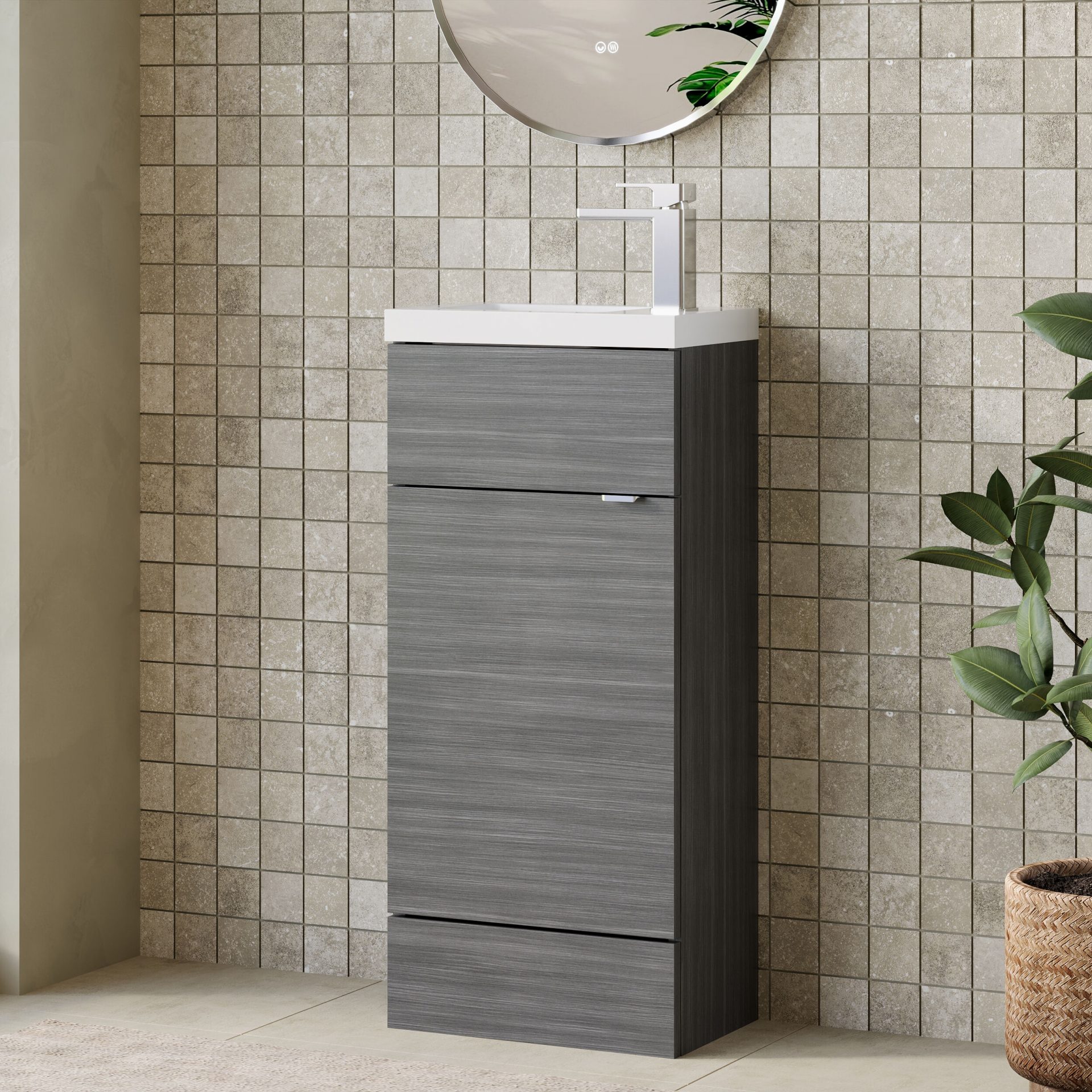 Hudson Reed Fusion Slimline 400mm 1 Door Floor Standing Vanity Unit – Anthracite Woodgrain