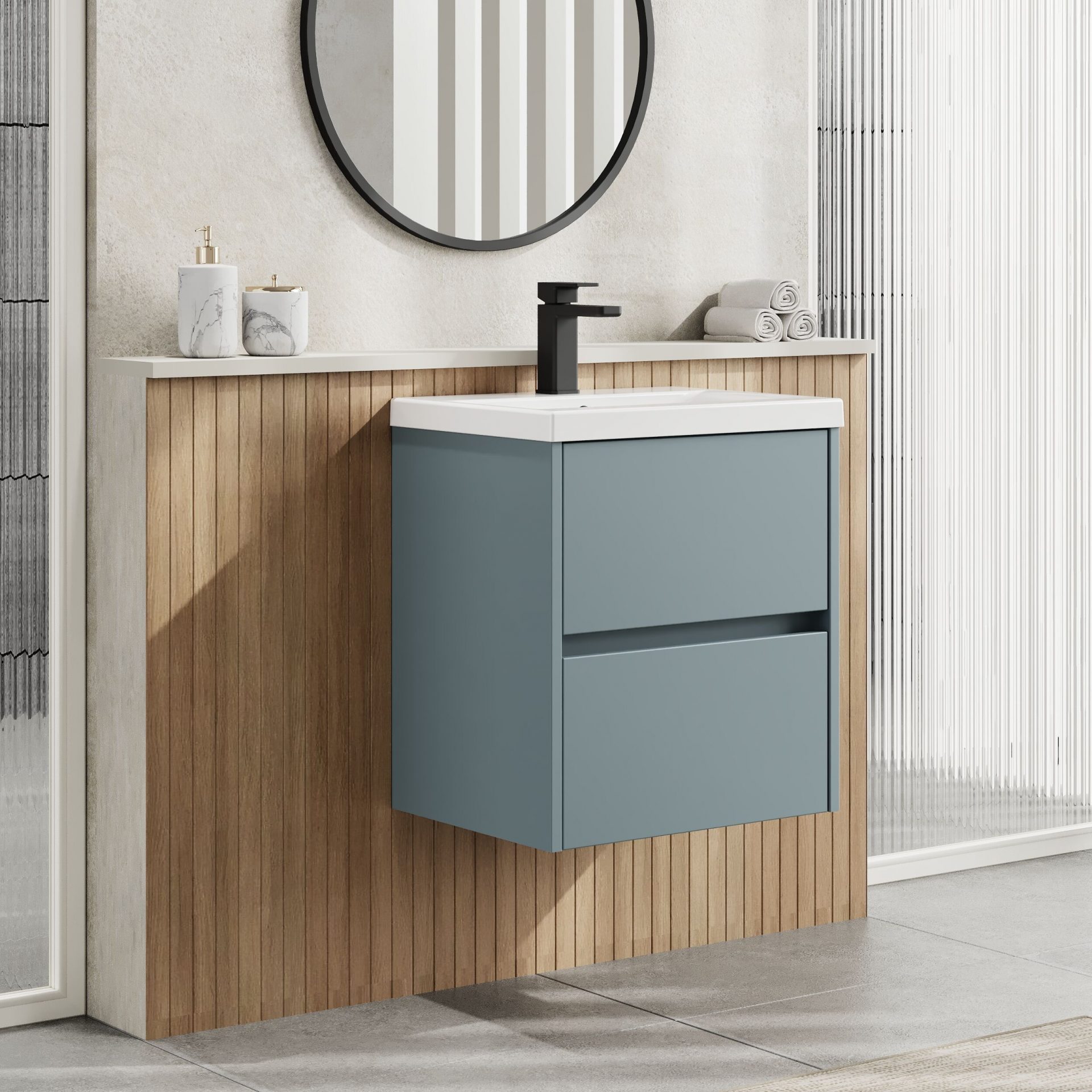 Nuie Havana 500mm 2 Drawer Wall Hung Unit & Mid Edge Basin – Coastal Grey