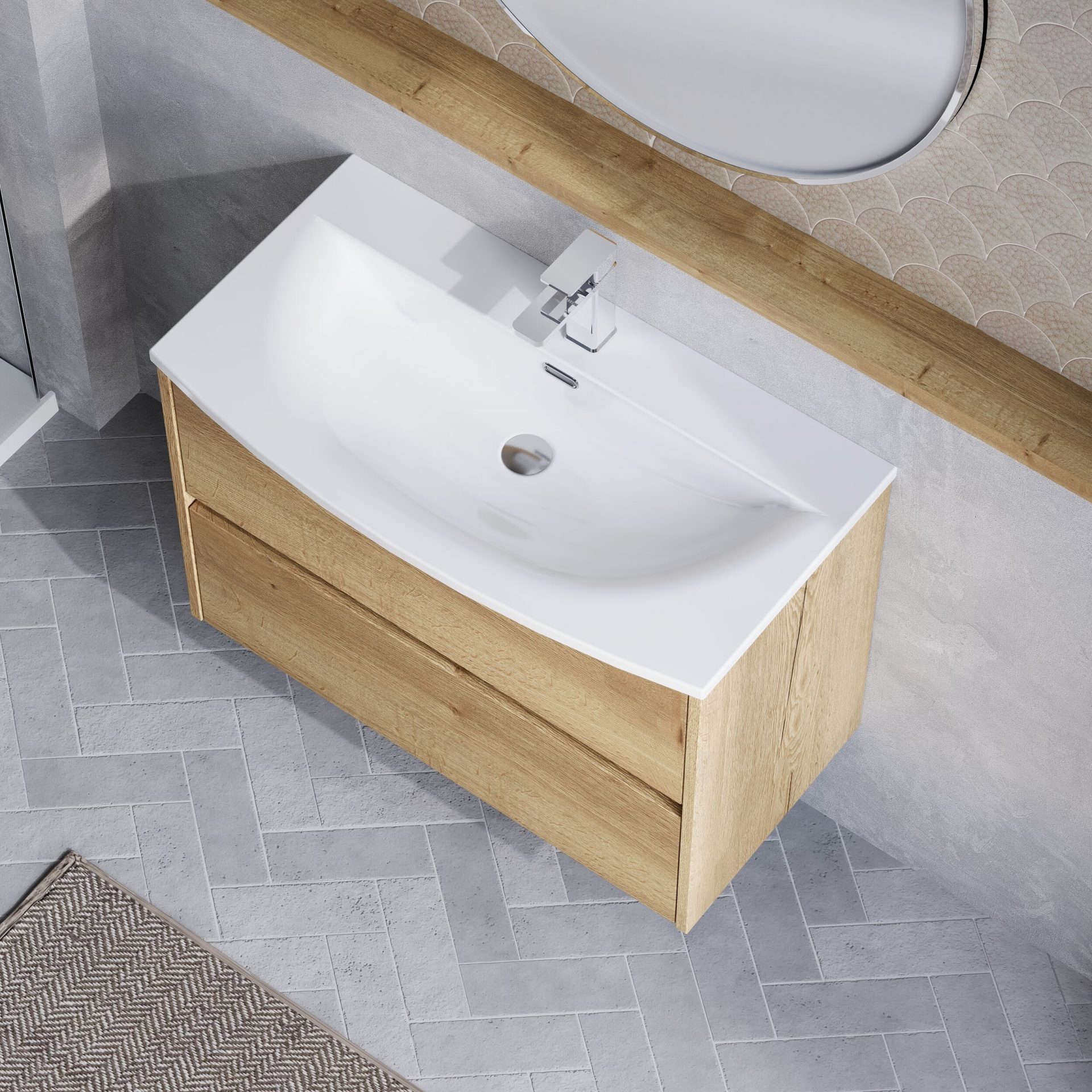 Nuie Havana 800mm 2 Drawer Wall Hung Unit & Curved Basin – Autumn Oak