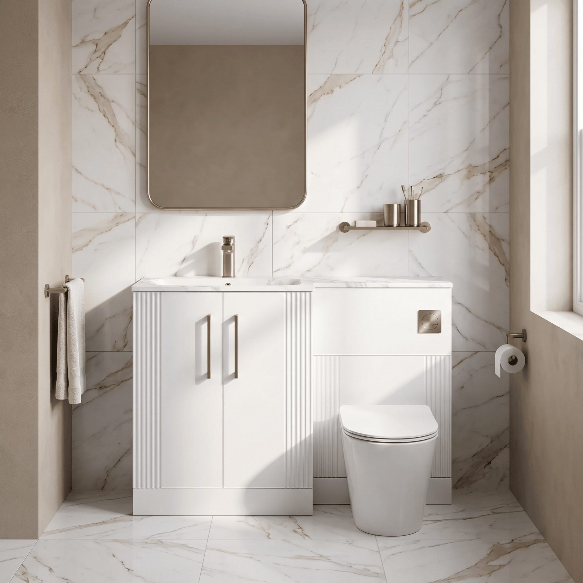 Nuie Deco 1100mm 2 Door Floor Standing Combination Unit with Carrara Marble Basin – Satin White