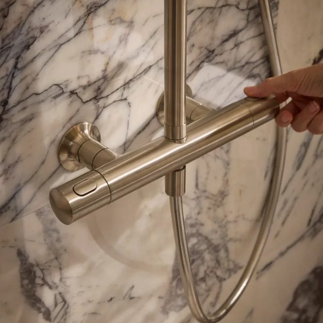 Roper Rhodes Walcot Dual Function Bar Shower System with Riser Kit & Overhead Shower – Brushed Nickel