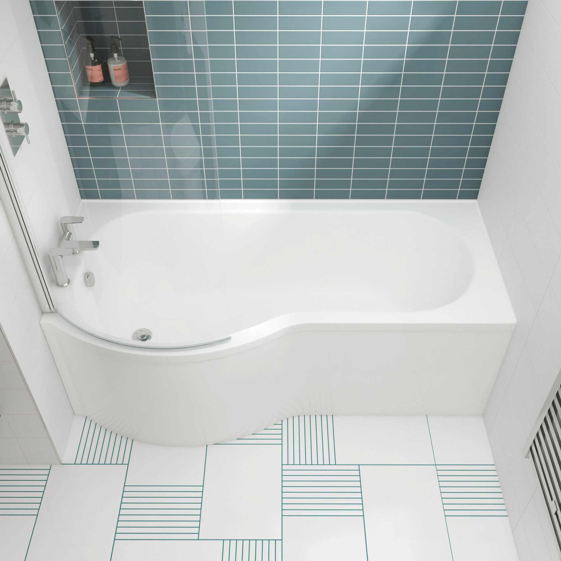 1700mm Right Hand P-Shaped Shower Bath With Screen, Side Panel And Leg Set