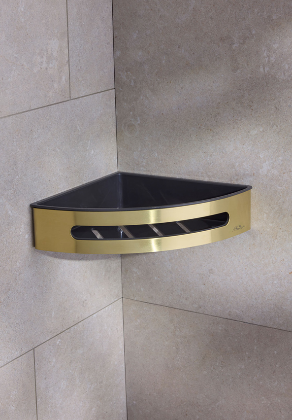 Miller Signature Corner Shower Basket with Grey Liner – Brushed Brass