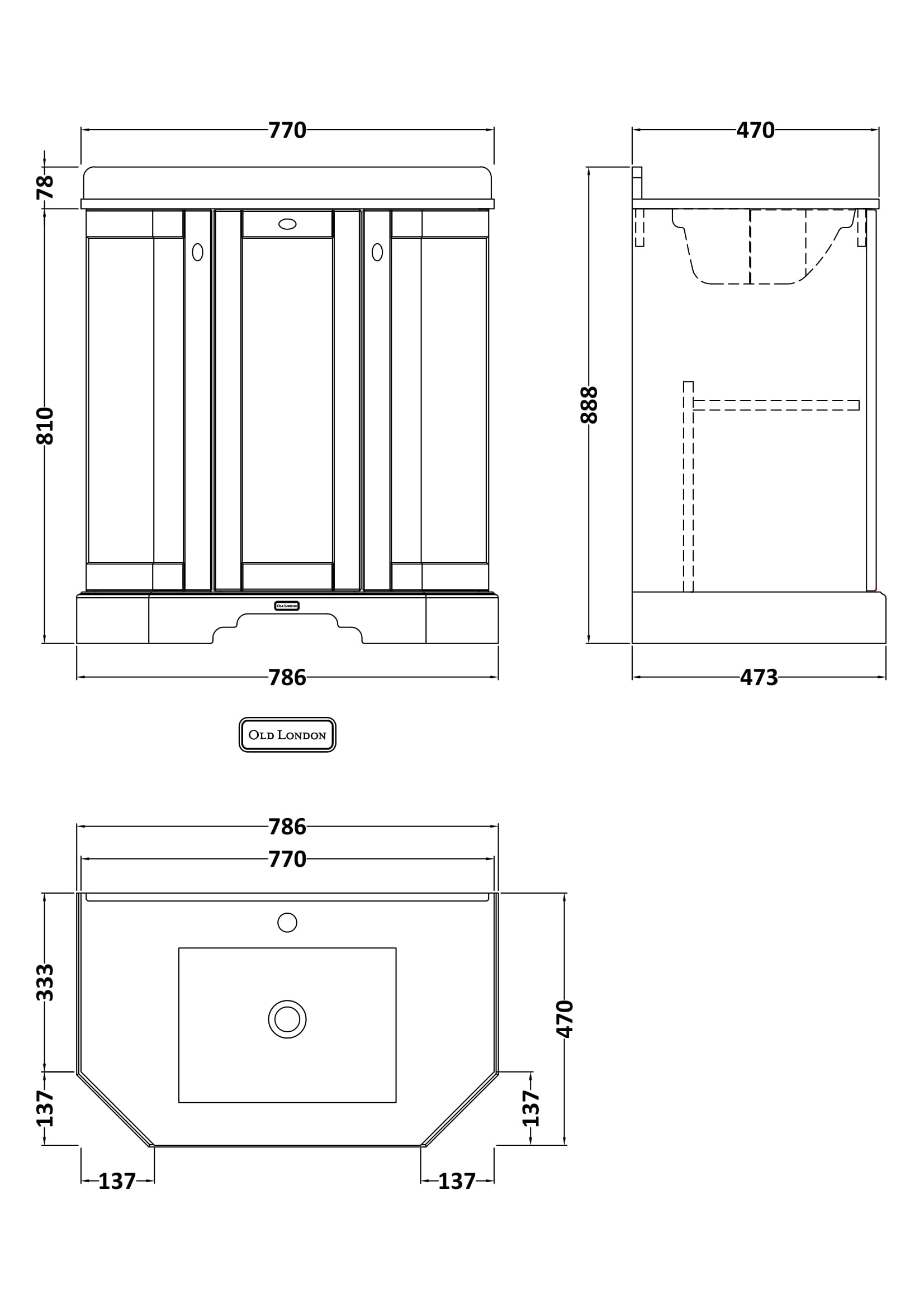 Old London 750mm 3 Door Floor Standing Angled Vanity Unit & White Marble Basin – Timeless Sand