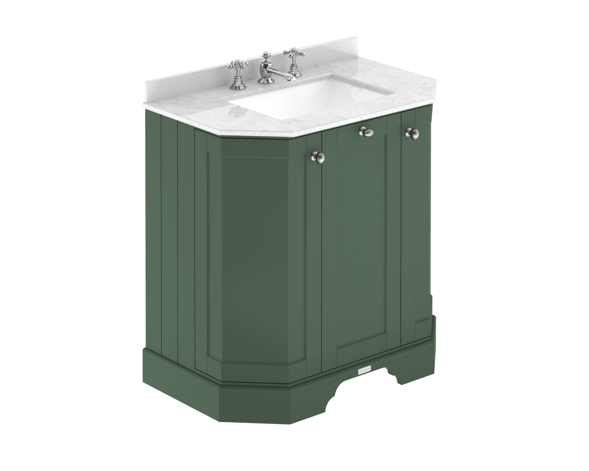 Old London 750mm 3 Door Floor Standing Angled Vanity Unit & White Marble Basin – Hunter Green