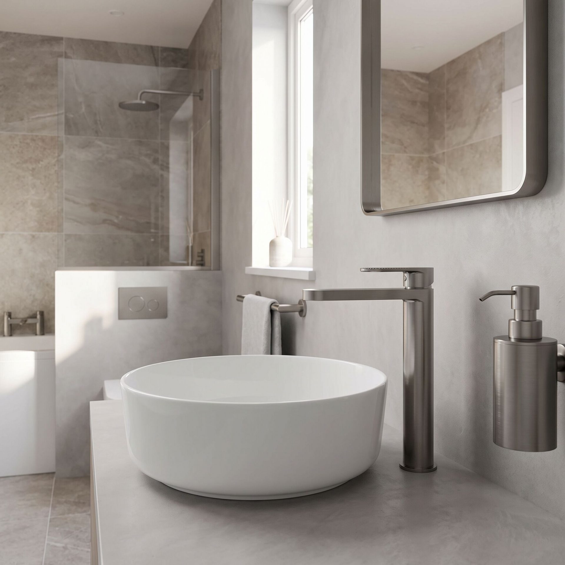 Nuie Cyprus Fluted Tall Mono Basin Mixer – Brushed Pewter