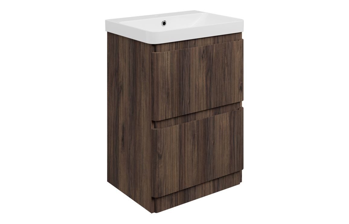 MyBathrooms Clara Fluted 605mm 2 Drawer Floorstanding Unit & 1TH Basin – Textured Walnut