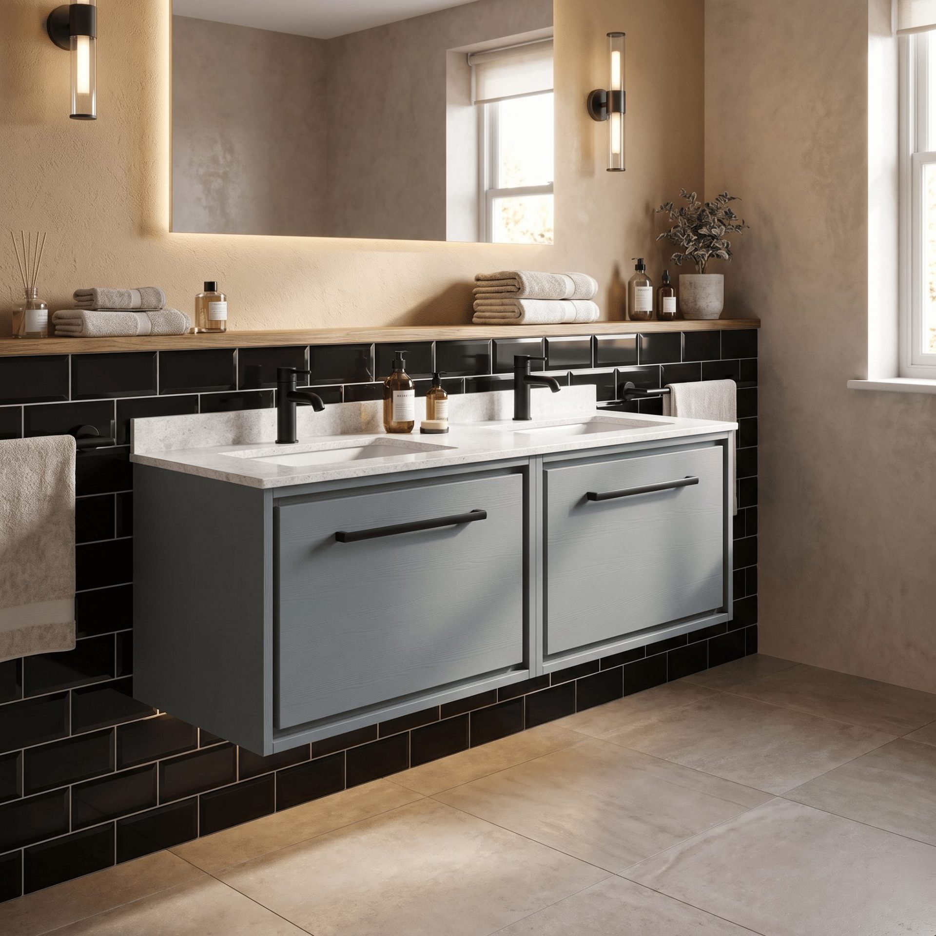 Hudson Reed Lille 1200mm 2 Drawer Wall Hung Vanity Unit & Double Basin – Coastal Grey