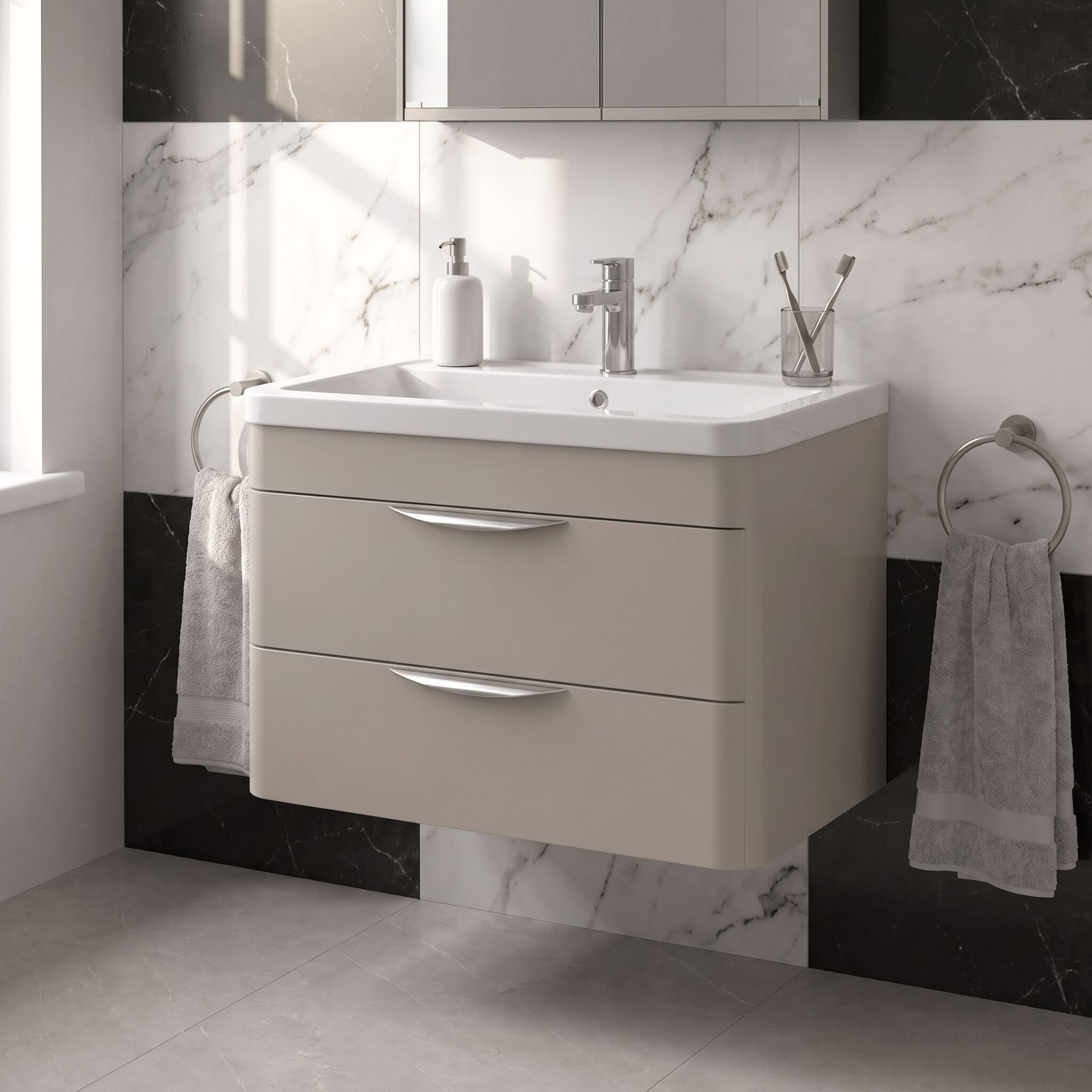 Nuie Parade 800mm 2 Drawer Wall Hung Vanity Unit & Ceramic Basin – Pebble Grey