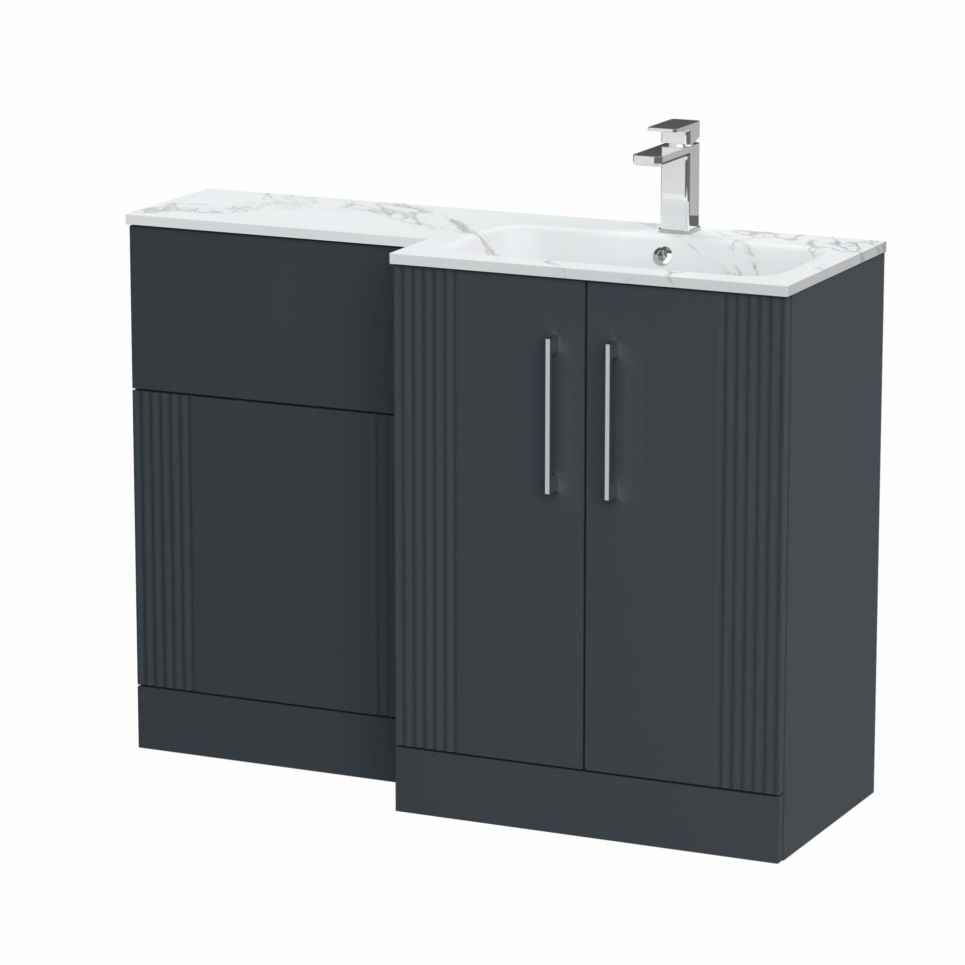 Nuie Deco 1100mm 2 Door Floor Standing Combination Unit with Carrara Marble Basin – Soft Black – Right Hand