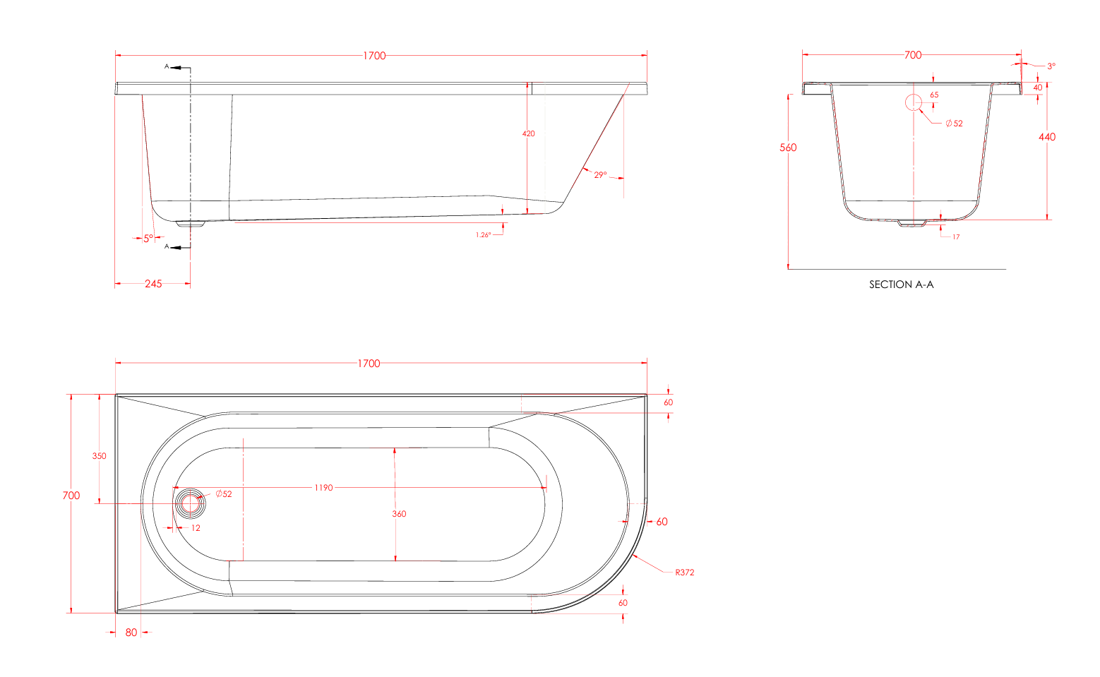 Eastbrook Beaufort 5mm Biscay Single Ended Bath 1700x700mm