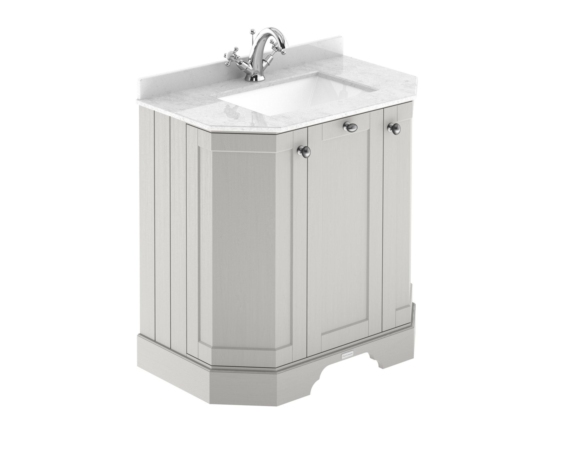 Old London 750mm 3 Door Floor Standing Angled Vanity Unit & White Marble Basin – Timeless Sand
