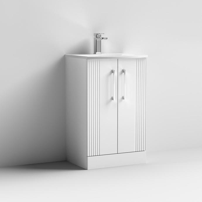 Nuie Deco Fluted 500mm 2 Door Floorstanding Unit & Curved Basin – Satin White