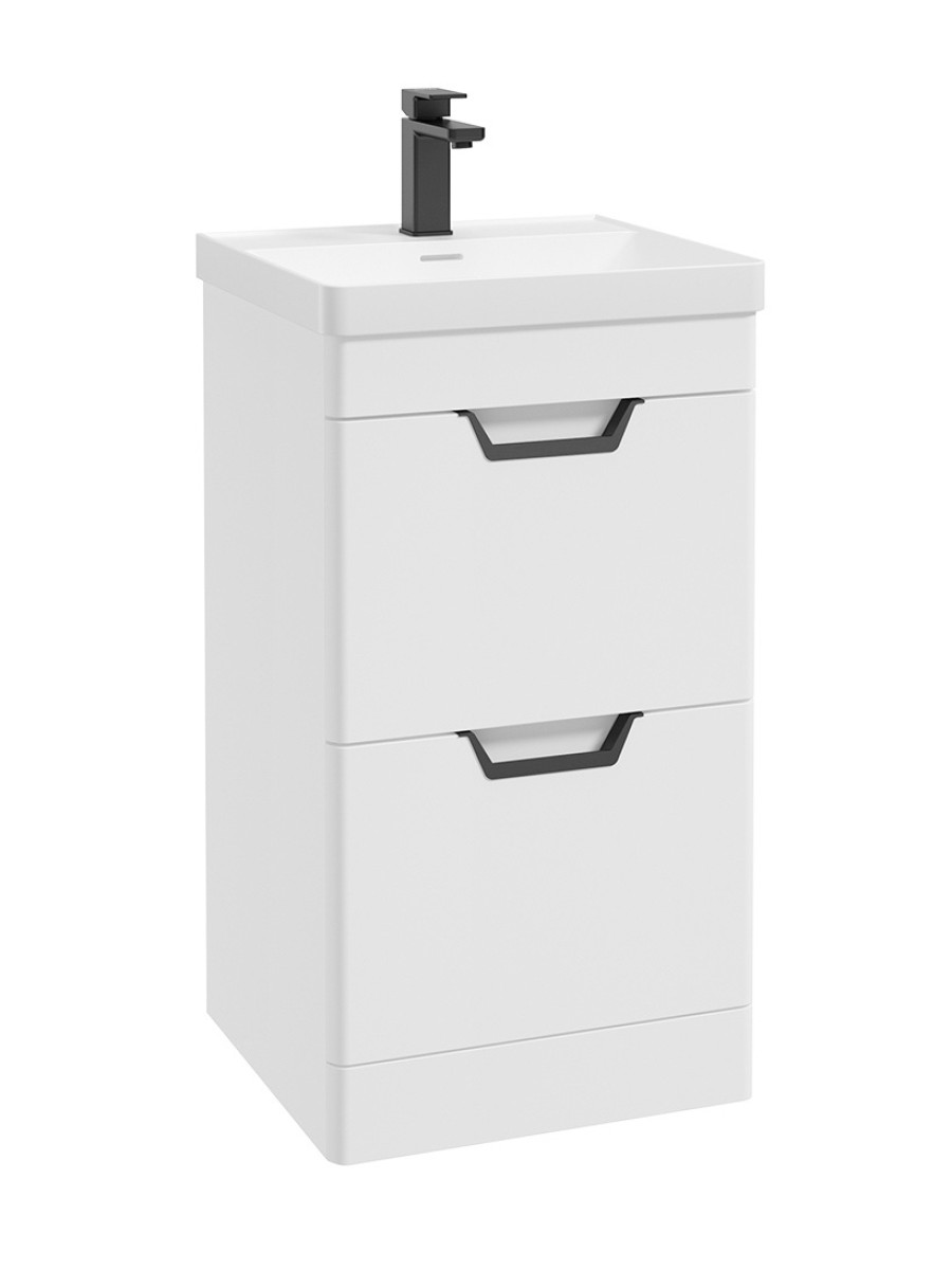 Sonas Freya 500mm 2 Drawer Floorstanding Vanity Unit & Resin Basin – Matt White – Matt Black Handle