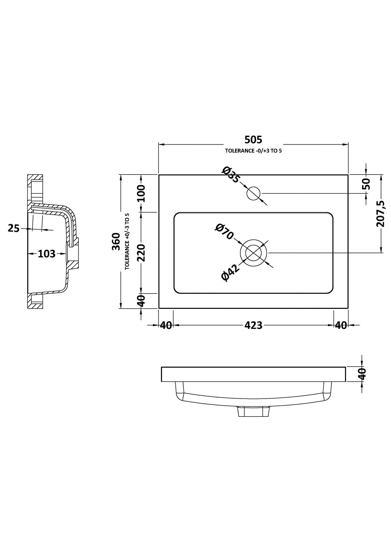 Nuie Lux 1TH 500mm Rectangular Polymarble Basin