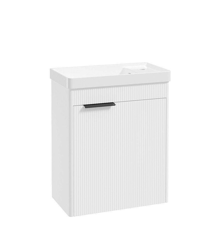 Sonas Reed Cloakroom 550mm 1 Door Wall Hung Unit & Basin – Lakeshore Lily – Matt Black Handle