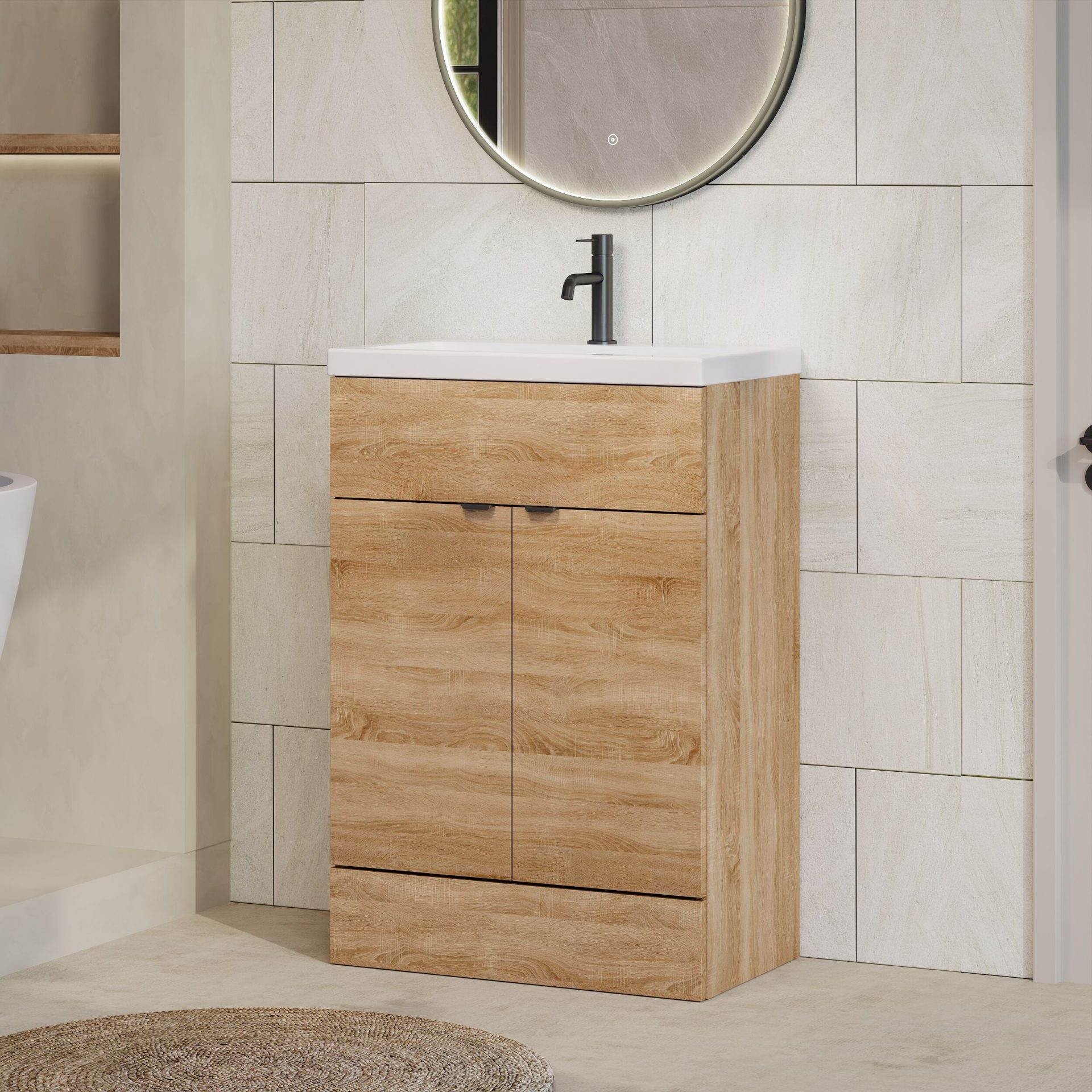 Hudson Reed Fusion Full Depth 600mm 2 Door Floor Standing Vanity Unit – Bleached Oak