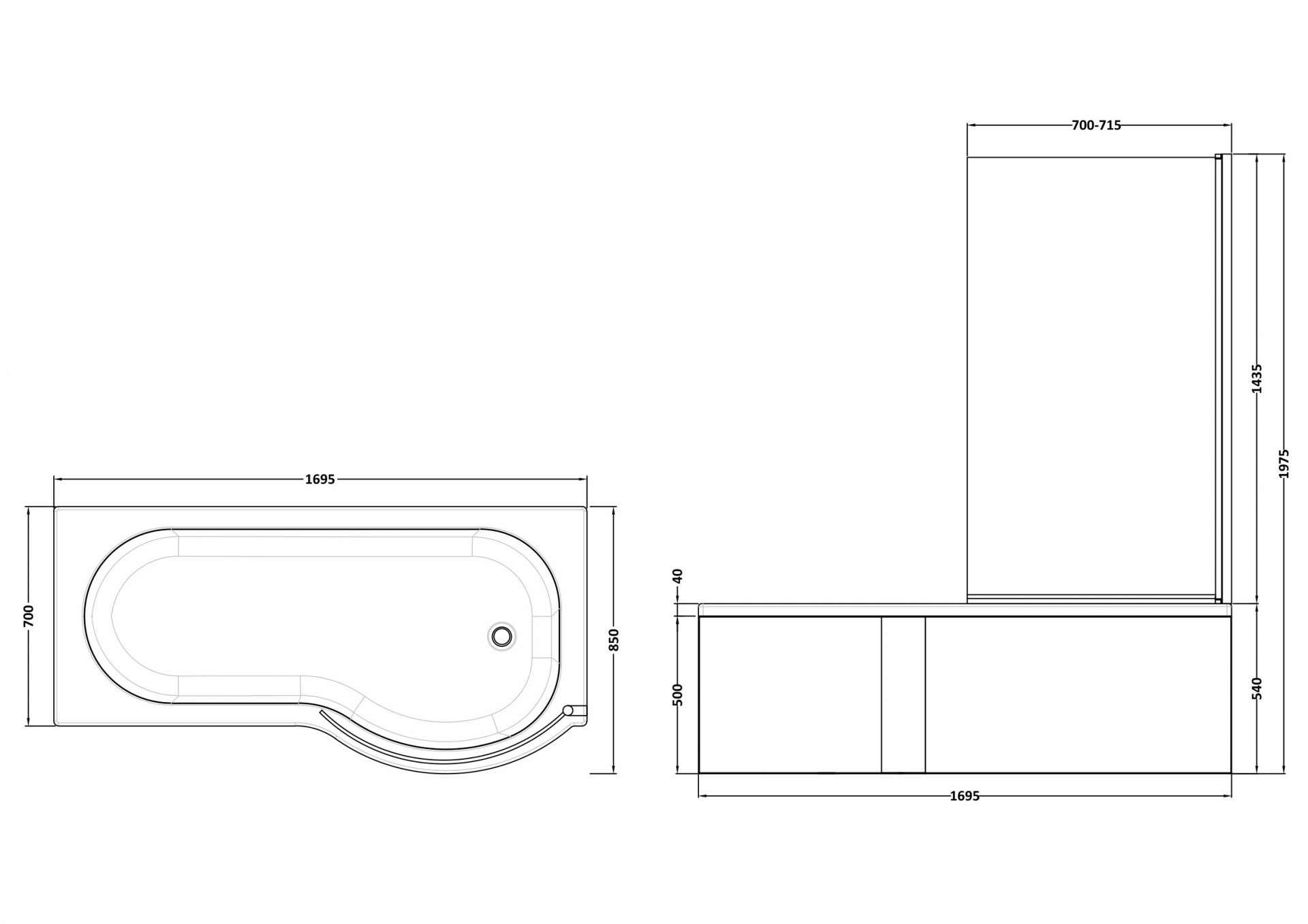 Nuie P-Shaped Right Hand Shower Bath, Screen & White Acrylic Panel 1700x850mm
