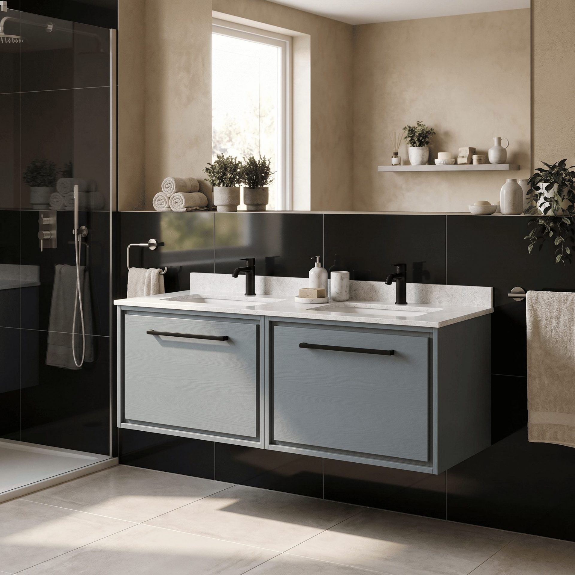 Hudson Reed Lille 1200mm 2 Drawer Wall Hung Vanity Unit & Double Basin – Coastal Grey