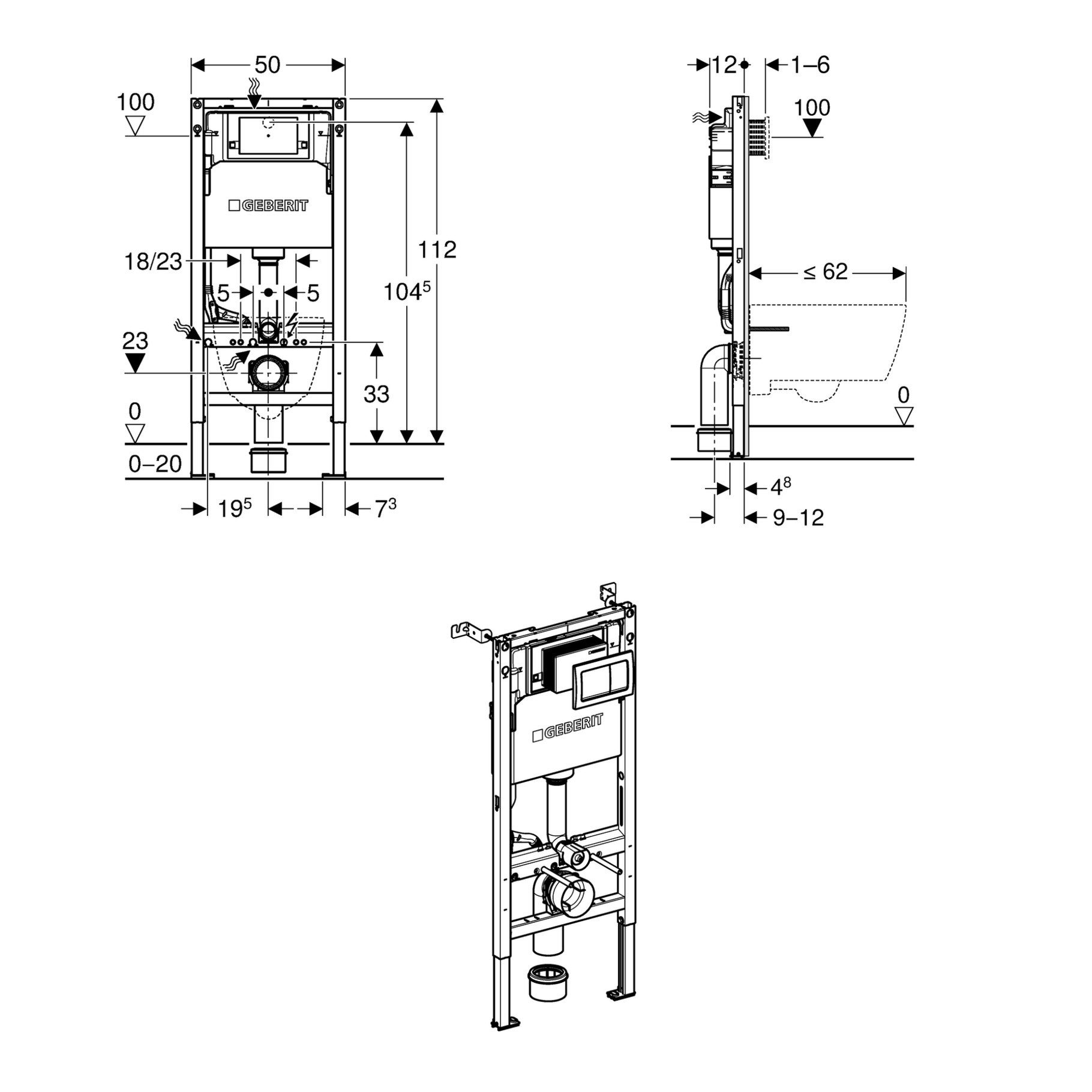 Geberit DuofiX Frame 1120mm With Alpha Cistern 120mm 6/3 Litres Alpha01 Flush Plate Square