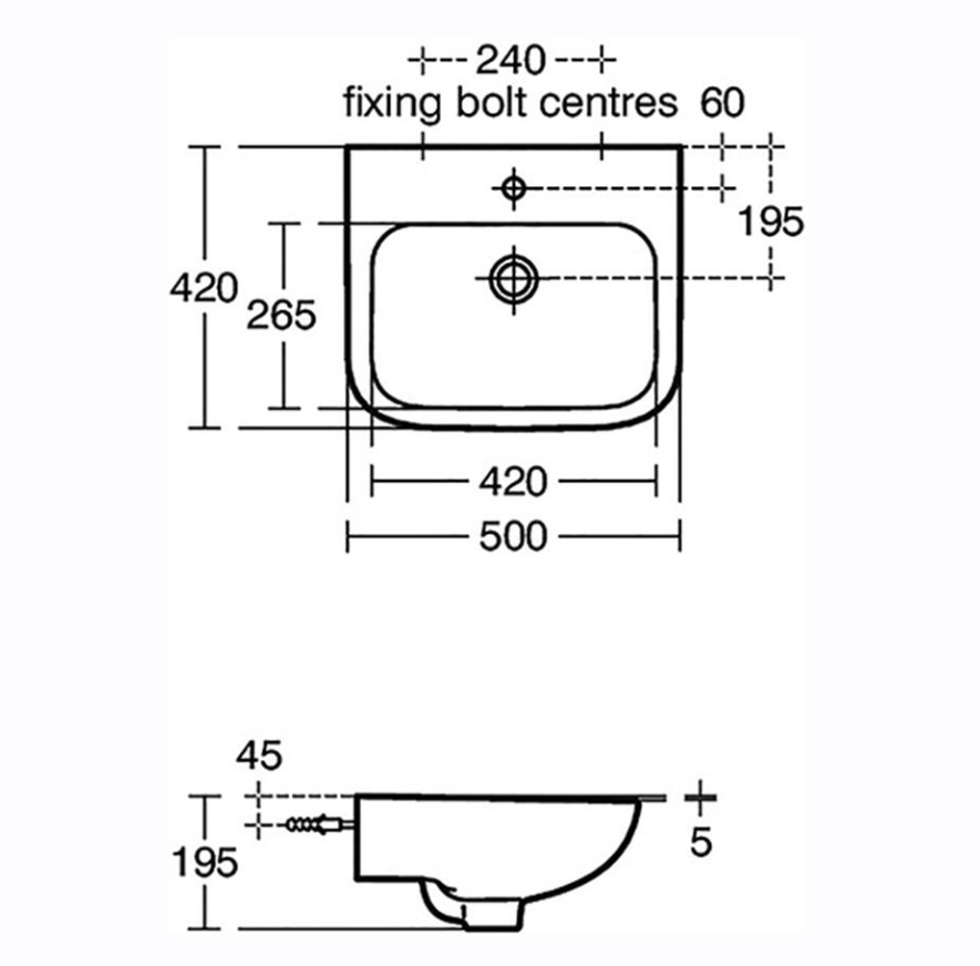 Armitage Shanks Portman 21 500mm Basin With 1 Taphole And Overflow, No Chainstay Hole