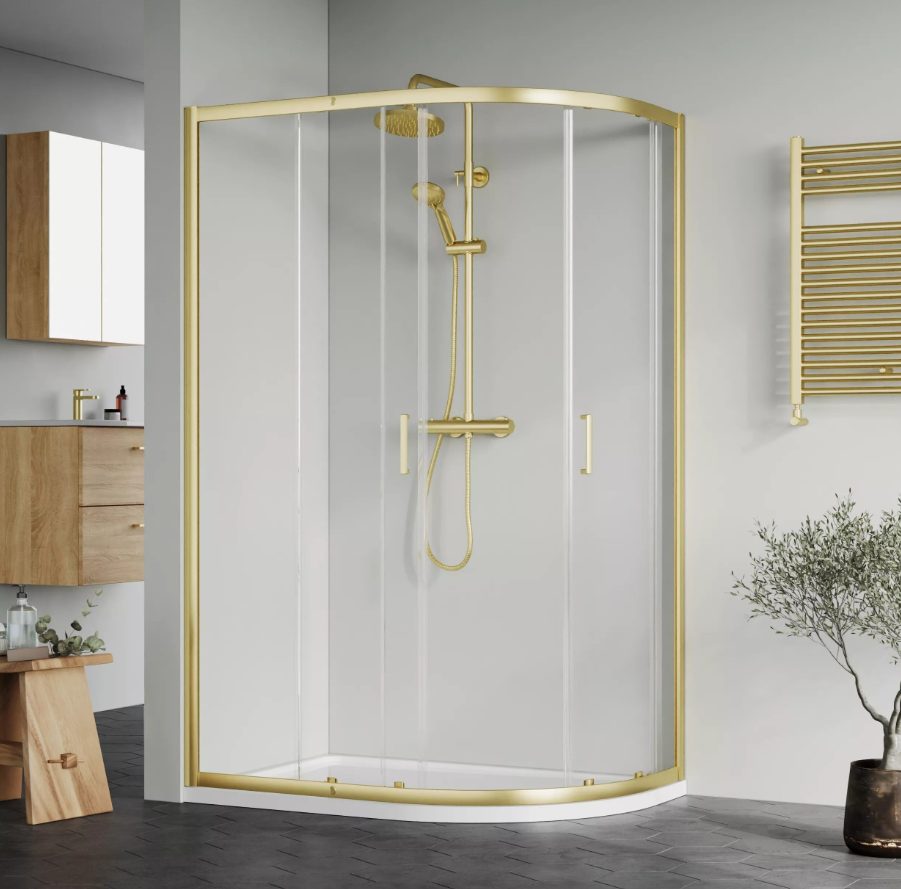1200 x 800mm Brushed Brass Left Hand Offset Quadrant Shower Enclosure With White Tray and Waste