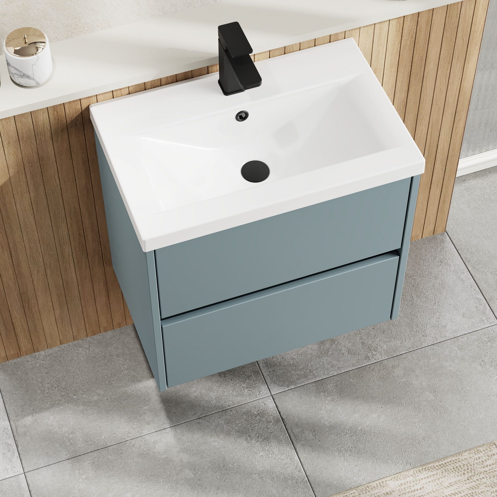 Nuie Havana 600mm 2 Drawer Wall Hung Unit & Mid Edge Basin – Coastal Grey