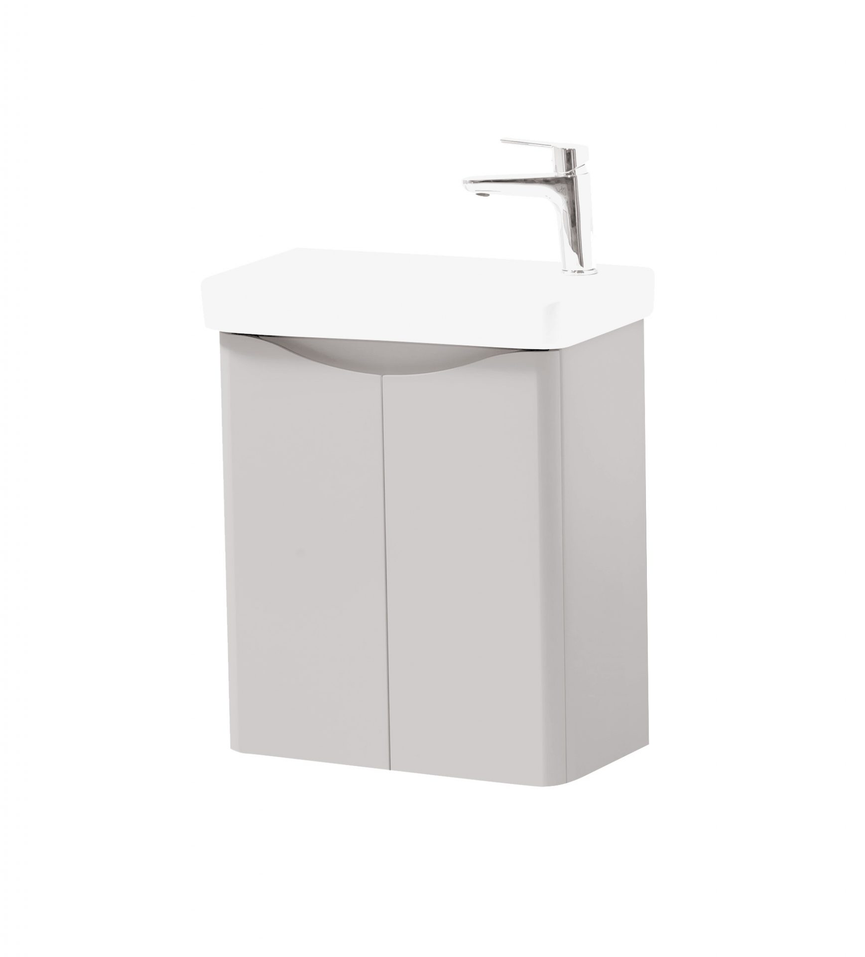 Arc 500mm 2 Door Cloakroom Wall Mounted Unit & Ceramic Basin – Cashmere