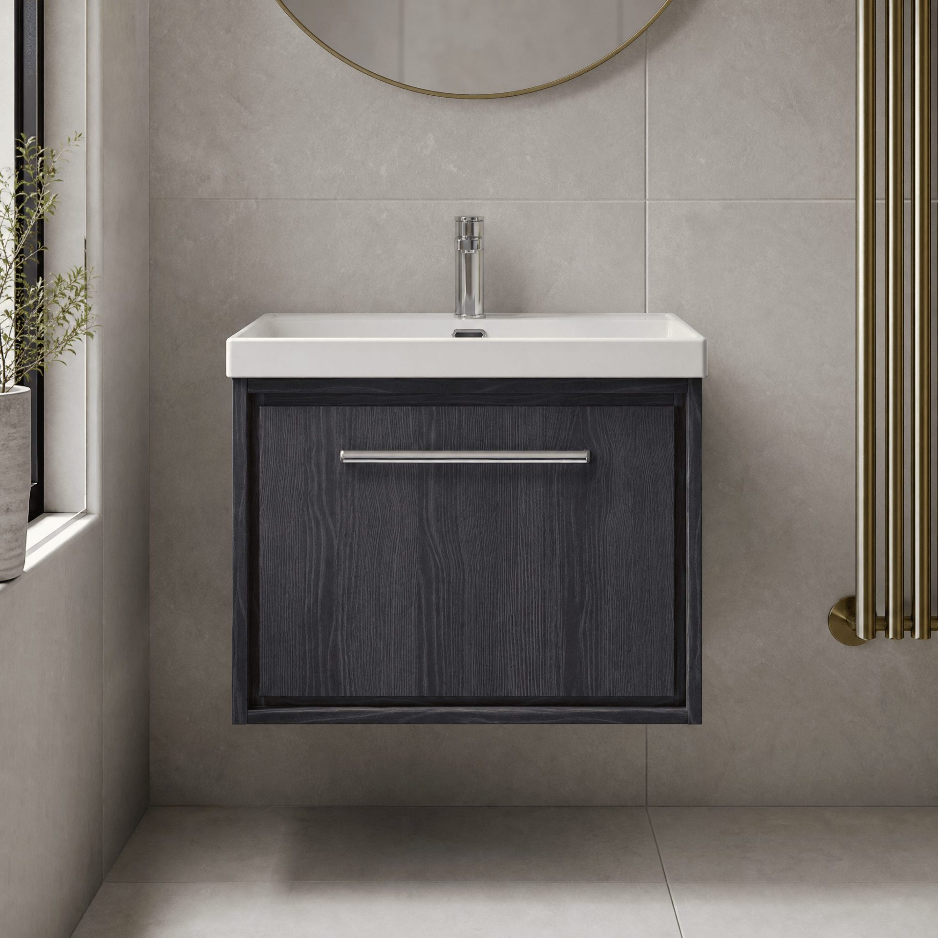 Hudson Reed Lille 600mm 1 Drawer Wall Hung Vanity Unit & Thin-Edge Basin – Graphite Grey