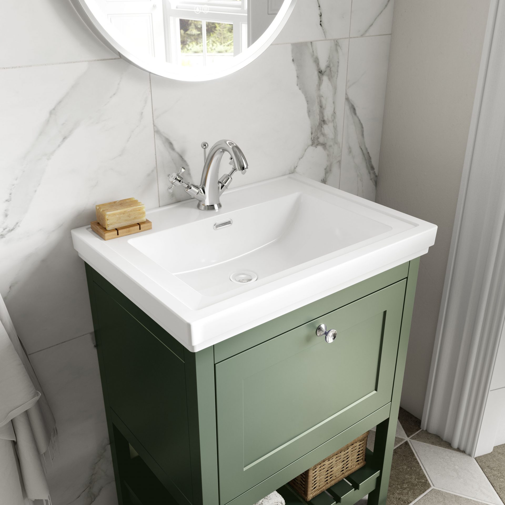 Old London Bexley 500mm 1 Drawer Floor Standing Vanity Unit & Basin – Fern Green