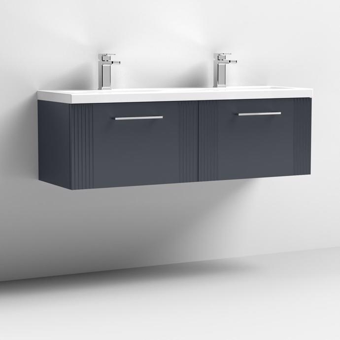 Nuie Deco Fluted 1200mm 2 Drawer Wall Hung Unit & Twin Ceramic Basin – Soft Black