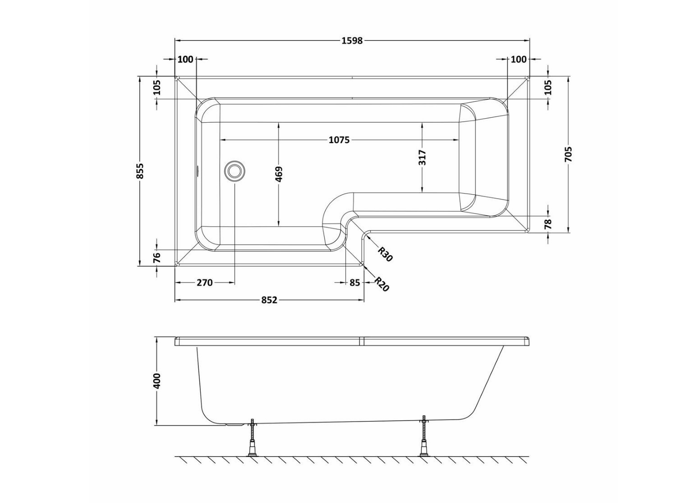 1600mm Left Hand Square Shower Bath Set with Screen, Side Panel And Leg Set