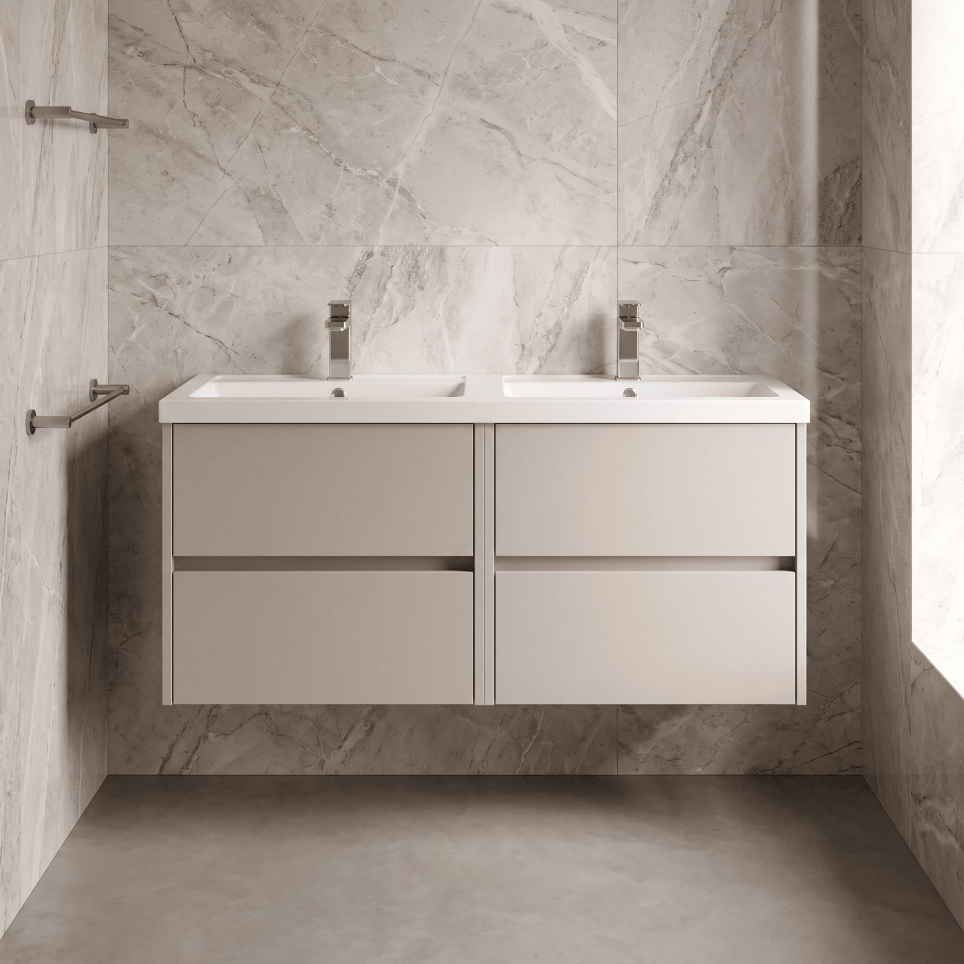 Nuie Havana 1200mm 4 Drawer Wall Hung Unit & Twin Polymarble Basin – Soft Linen