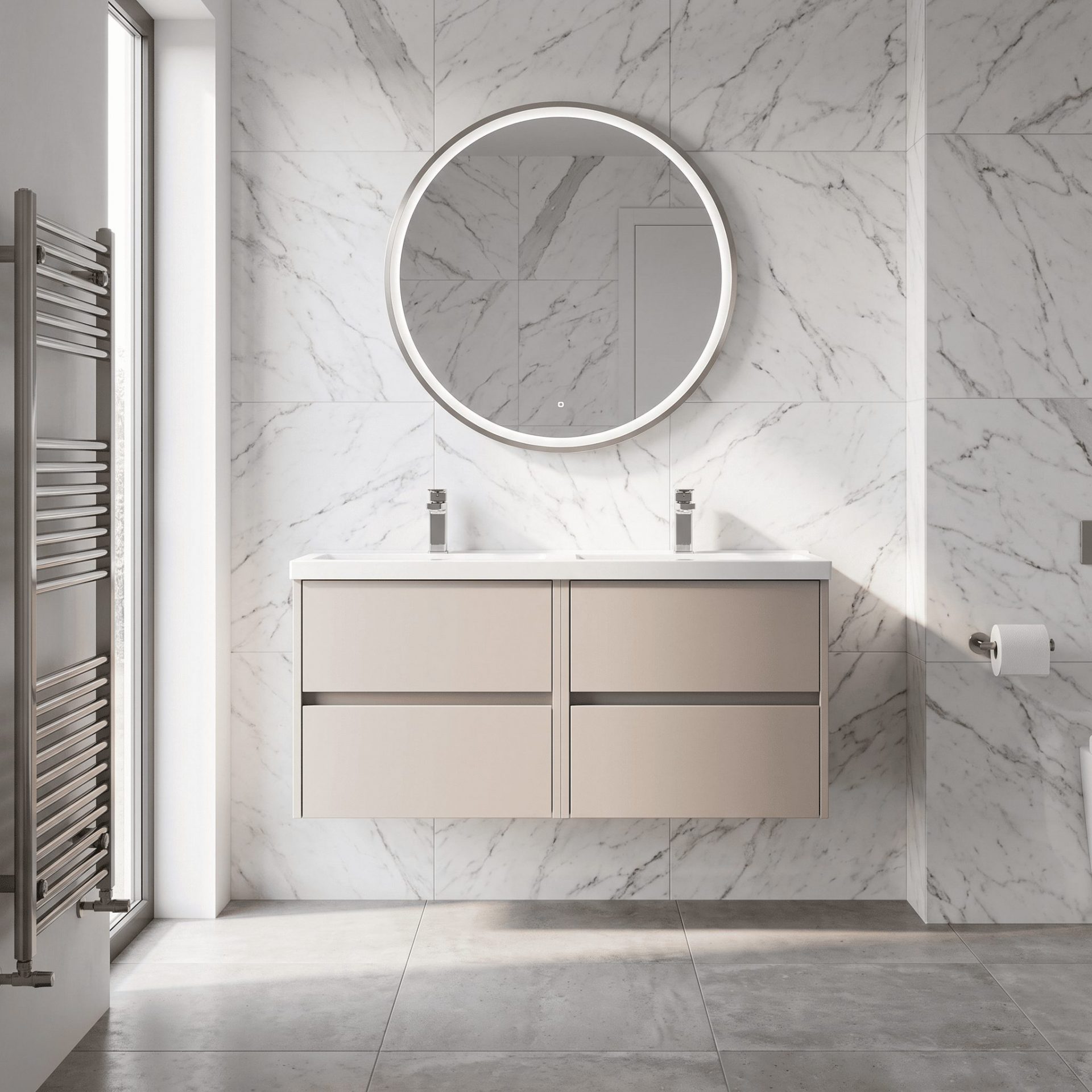 Nuie Havana 1200mm 4 Drawer Wall Hung Unit & Twin Polymarble Basin – Soft Linen