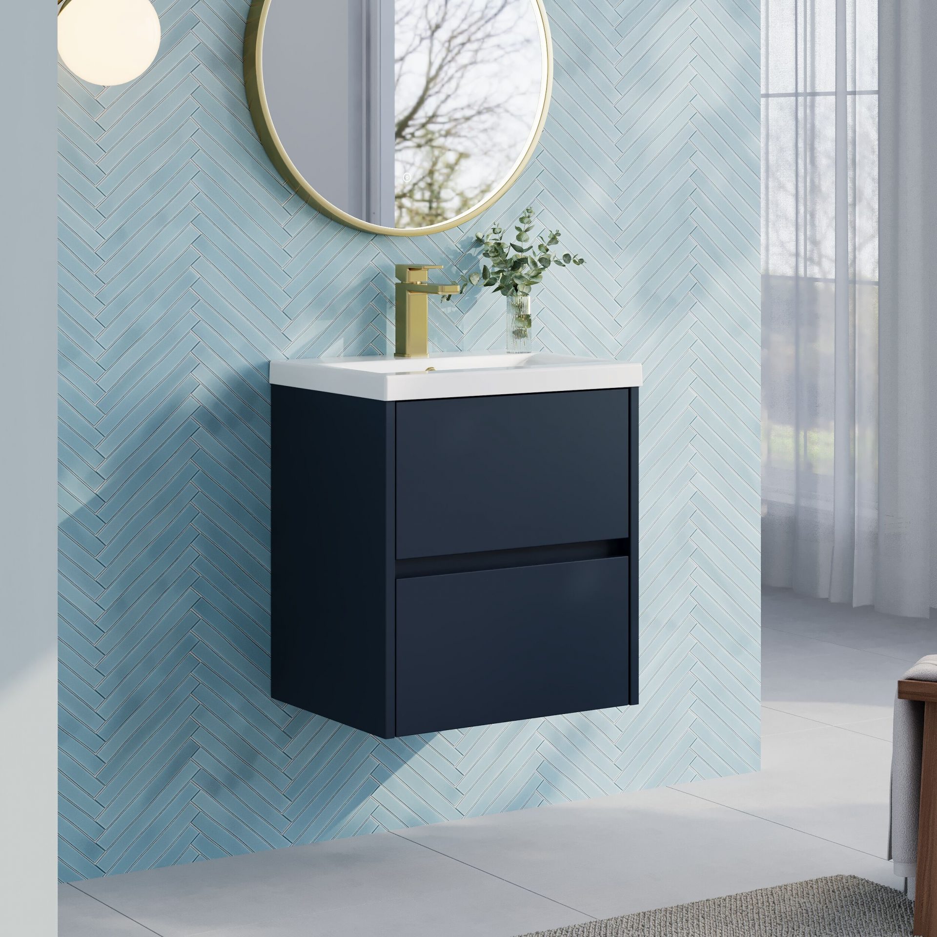 Nuie Havana 500mm 2 Drawer Wall Hung Unit & Mid Edge Basin – Midnight Blue