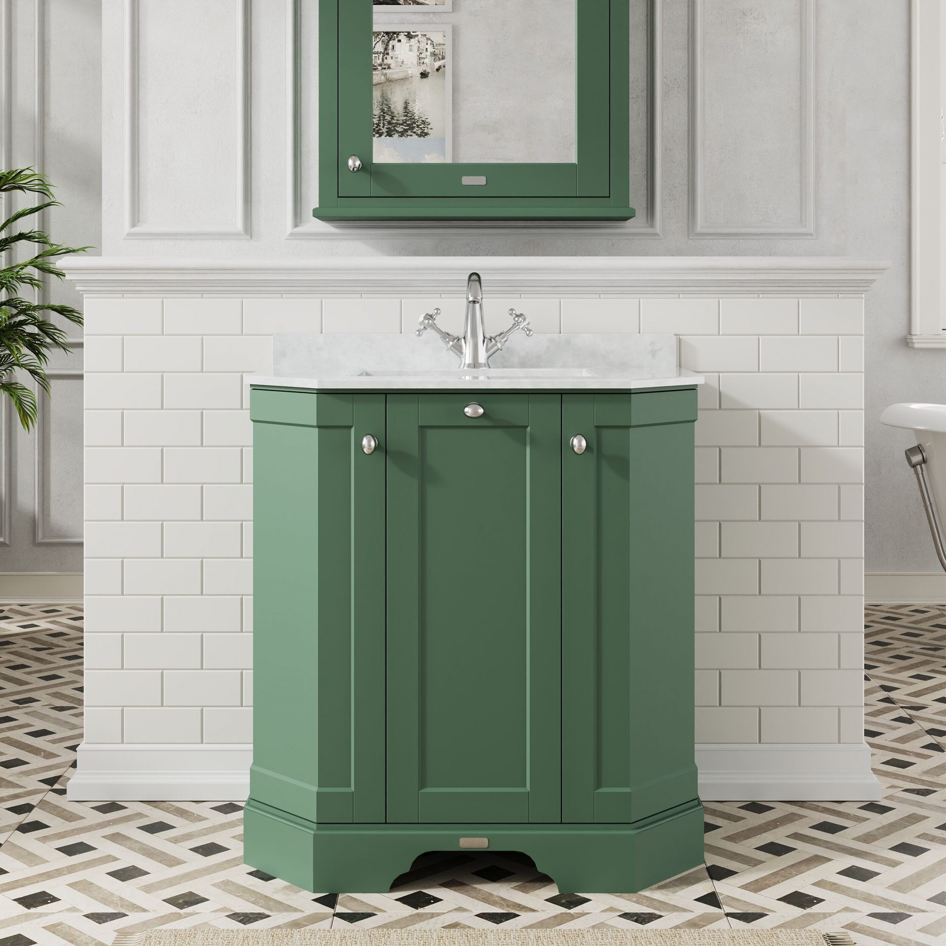 Old London 750mm 3 Door Floor Standing Angled Vanity Unit & White Marble Basin – Hunter Green
