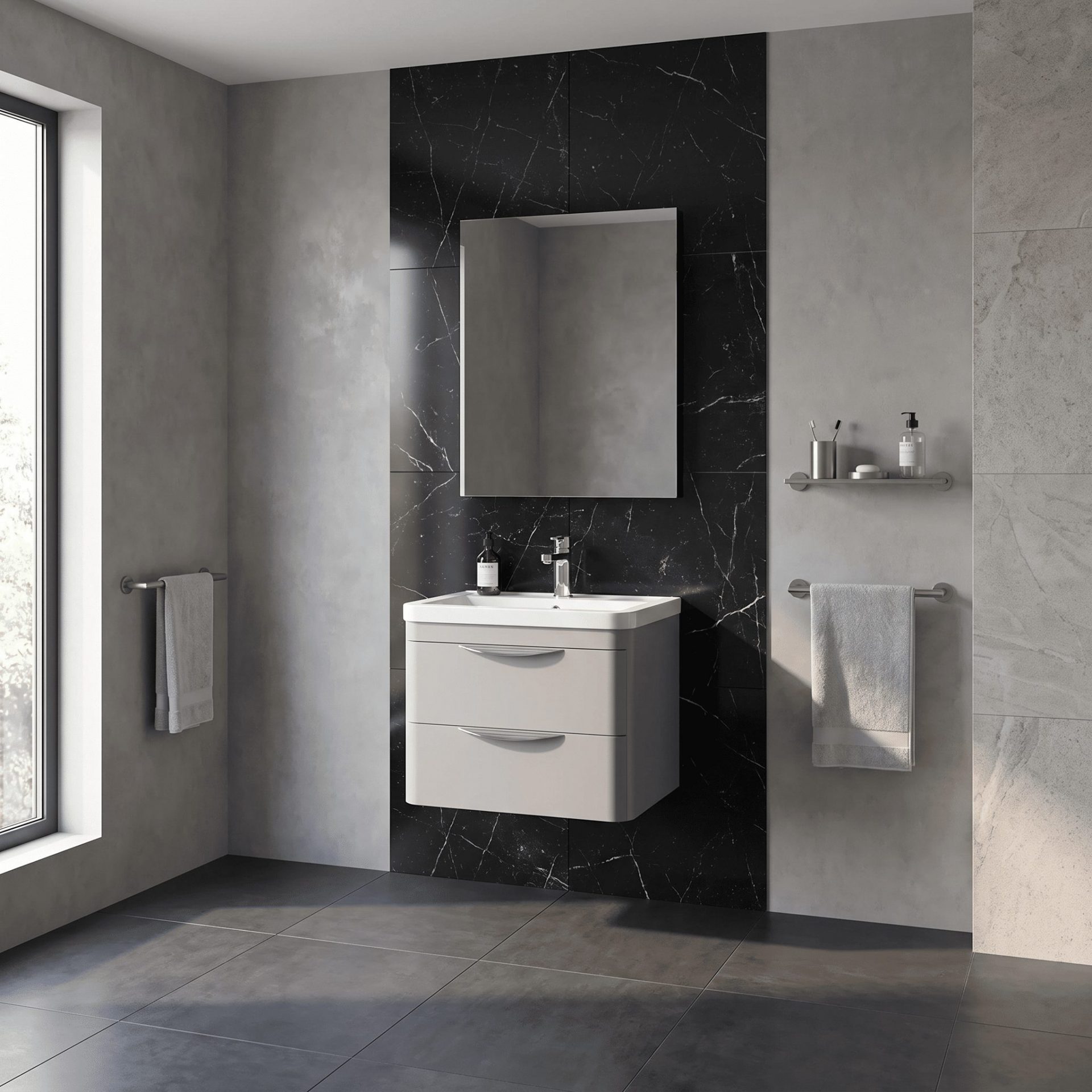 Nuie Parade 600mm 2 Drawer Wall Hung Vanity Unit & Ceramic Basin – Satin Grey